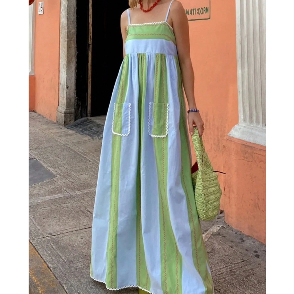 Boho Multicolor Pockets Color Block Cami Maxi Dress